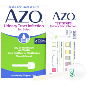 AZO Urinary Tract Infection test strips packaging and contents shown on a white background, including the retail box, an unfolded test strip sheet, and a single individual wrapped test strip.