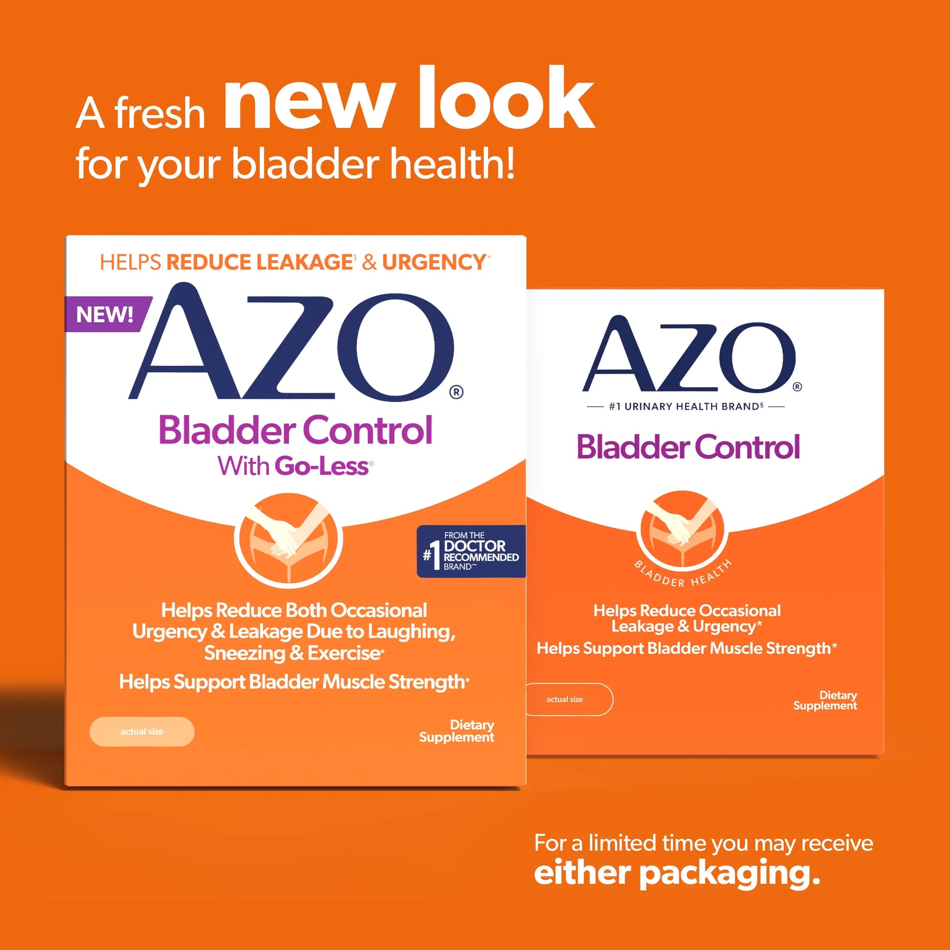 AZO Bladder Control supplement packaging on an orange background with promotional text.