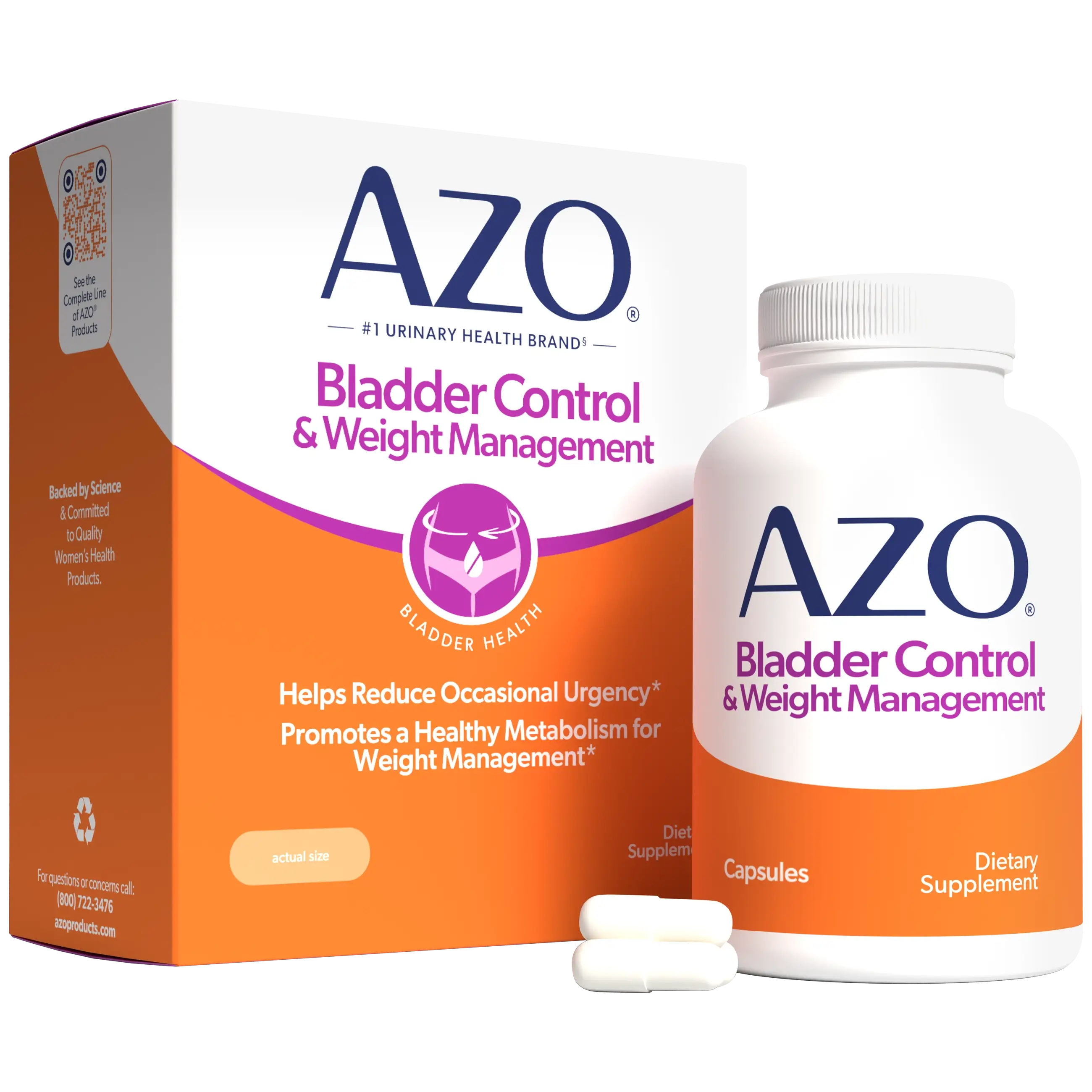 AZO Bladder Control & Weight Management dietary supplement shown with a white and orange product box, a matching white bottle with a white cap, and two white capsules on a clean white background.