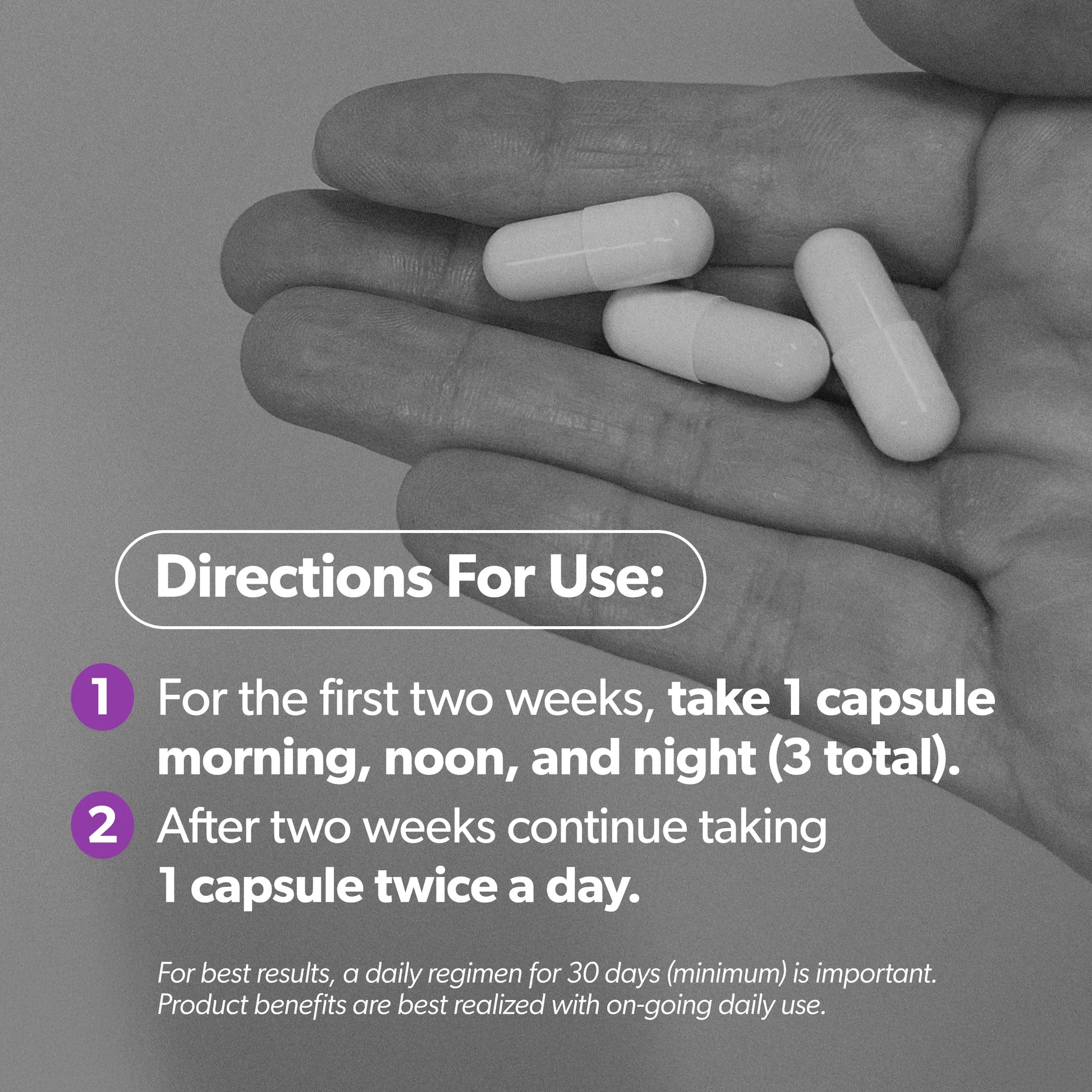 A grayscale instructional graphic showing three white capsules resting on an open hand, with text reading 'Directions For Use:' and usage instructions for taking the capsules daily.