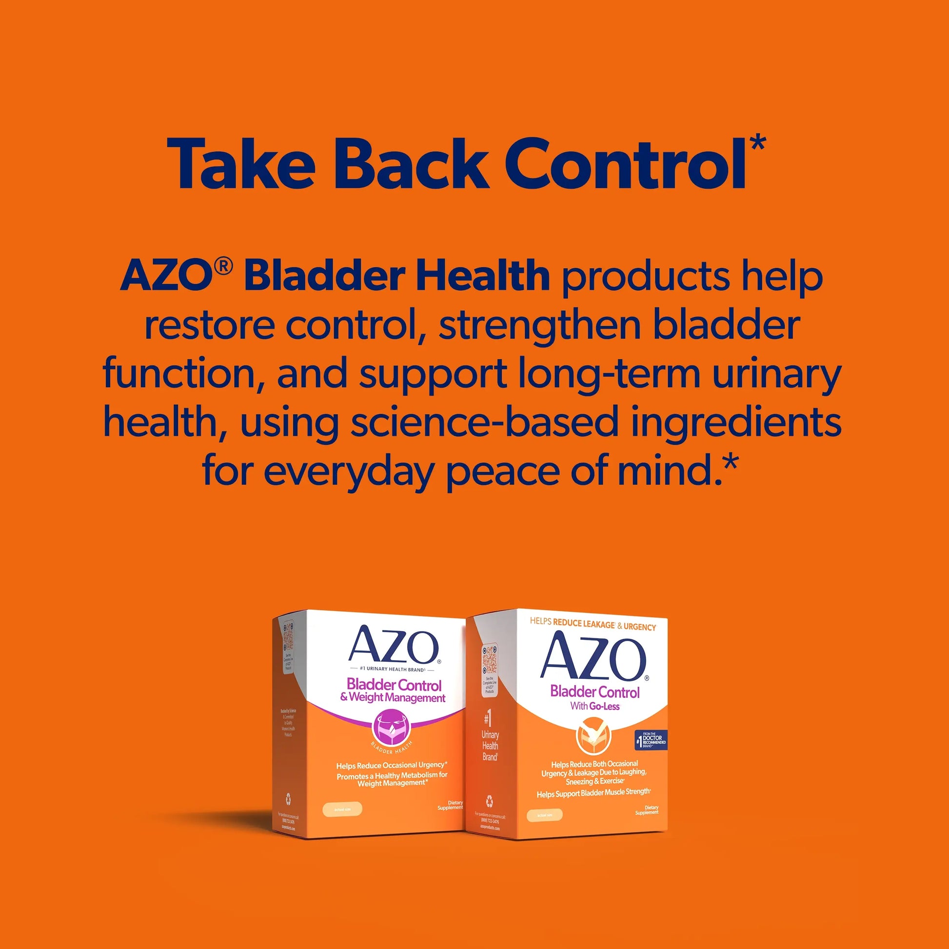 Promotional graphic for AZO Bladder Health products on an orange background, with large headline text and two product boxes shown at the bottom.