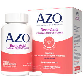 AZO Boric Acid Vaginal Suppositories shown with a white bottle, matching product box, and one white suppository tablet on a clean white background.