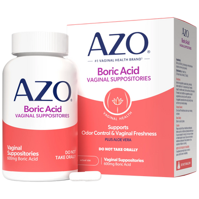 AZO Boric Acid Vaginal Suppositories shown with a white bottle, matching product box, and one white suppository tablet on a clean white background.