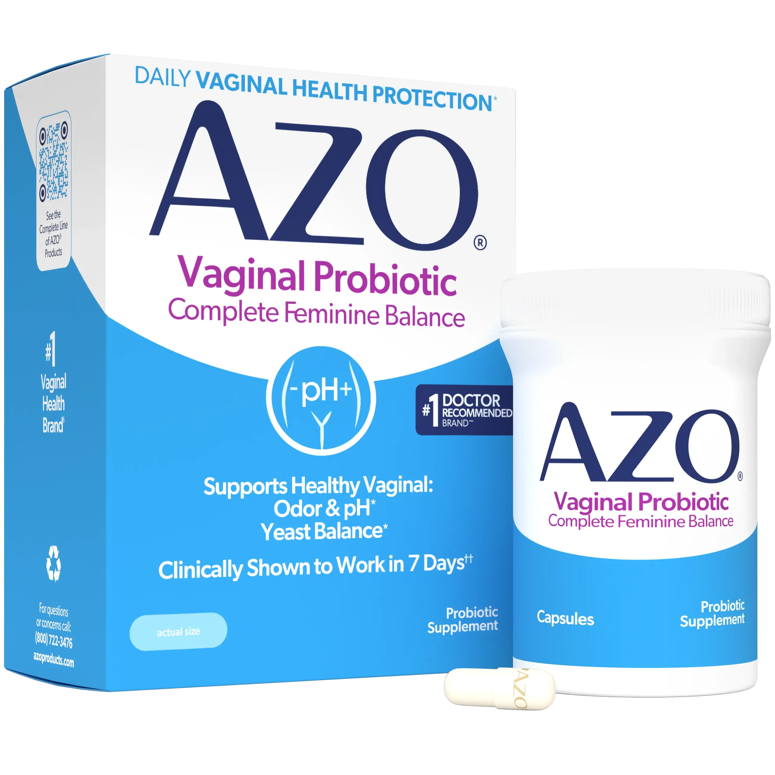 AZO Vaginal Probiotic Complete Feminine Balance product packaging, showing the outer box, a supplement bottle, and a capsule on a clean white background.