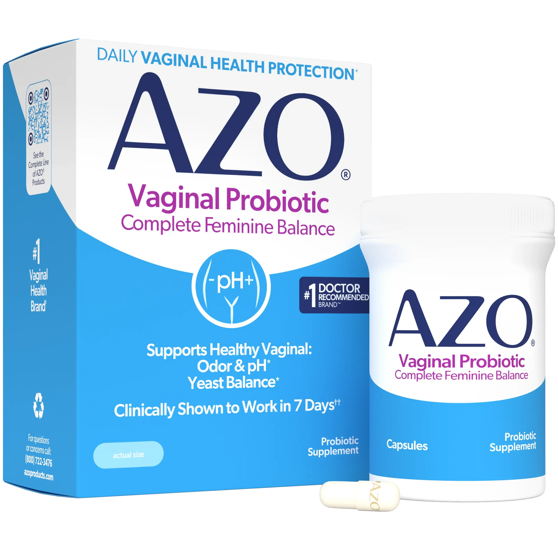 AZO Vaginal Probiotic Complete Feminine Balance product packaging, showing the outer box, a supplement bottle, and a capsule on a clean white background.