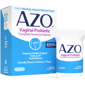 AZO Vaginal Probiotic Complete Feminine Balance product packaging, showing the outer box, a supplement bottle, and a capsule on a clean white background.