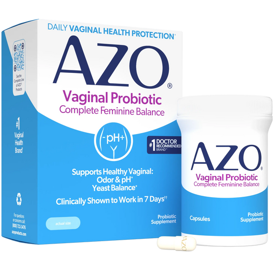 AZO Vaginal Probiotic Complete Feminine Balance product packaging, showing the outer box, a supplement bottle, and a capsule on a clean white background.