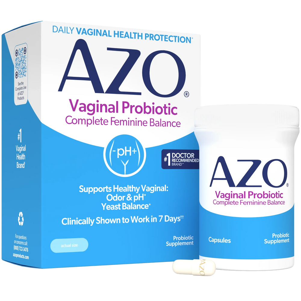 AZO Vaginal Probiotic Complete Feminine Balance product packaging, showing the outer box, a supplement bottle, and a capsule on a clean white background.