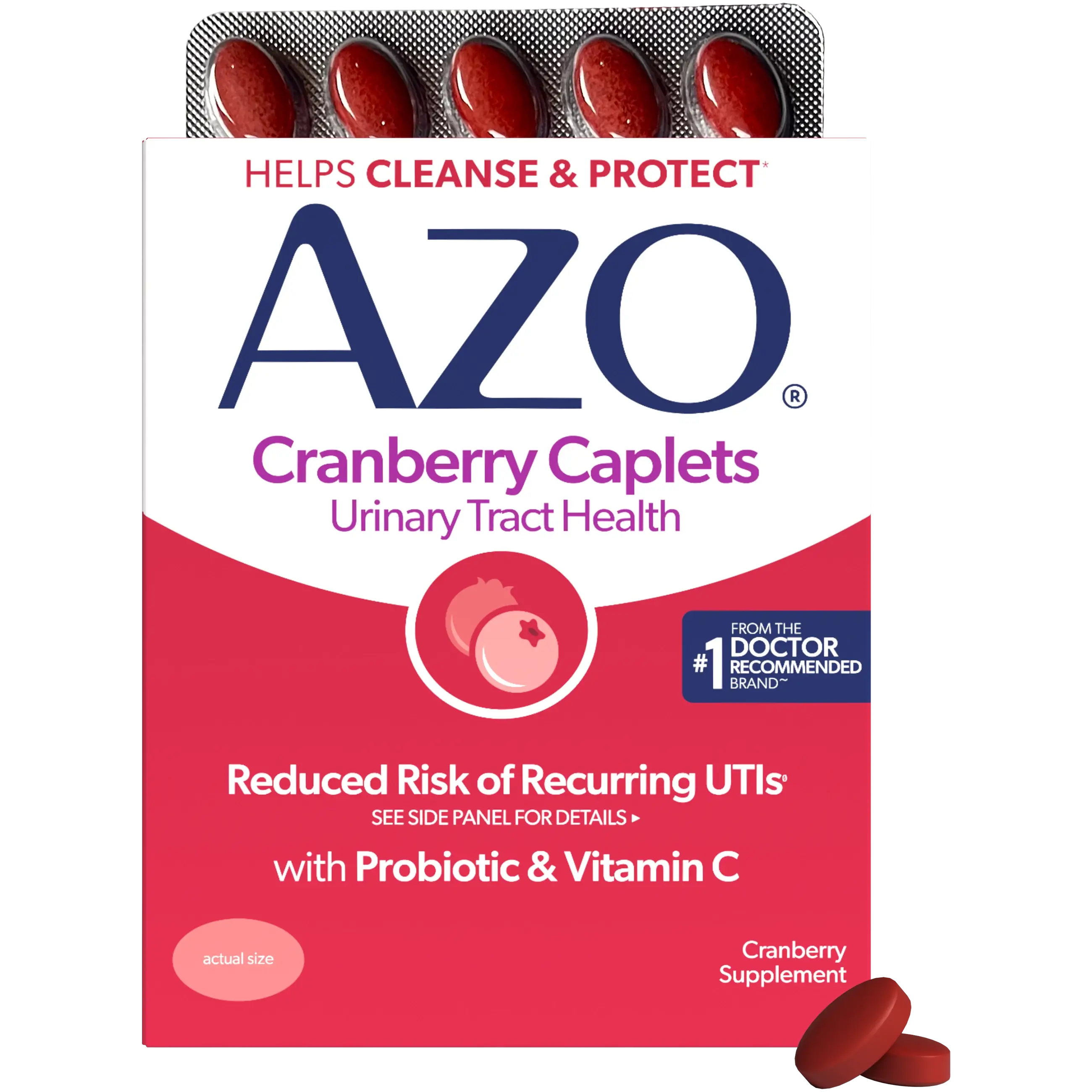 A box of Azo Cranberry Caplets urinary tract health supplement, featuring red caplets in a blister pack at the top and two loose red caplets at the bottom right, on a white background.