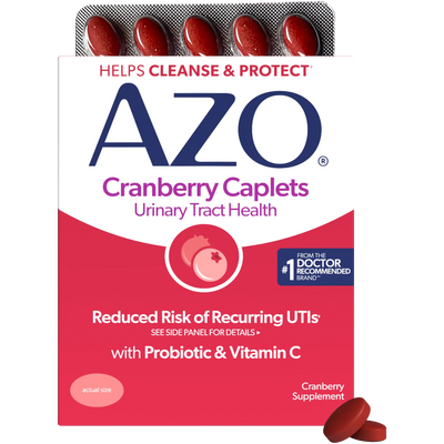 A box of Azo Cranberry Caplets urinary tract health supplement, featuring red caplets in a blister pack at the top and two loose red caplets at the bottom right, on a white background.