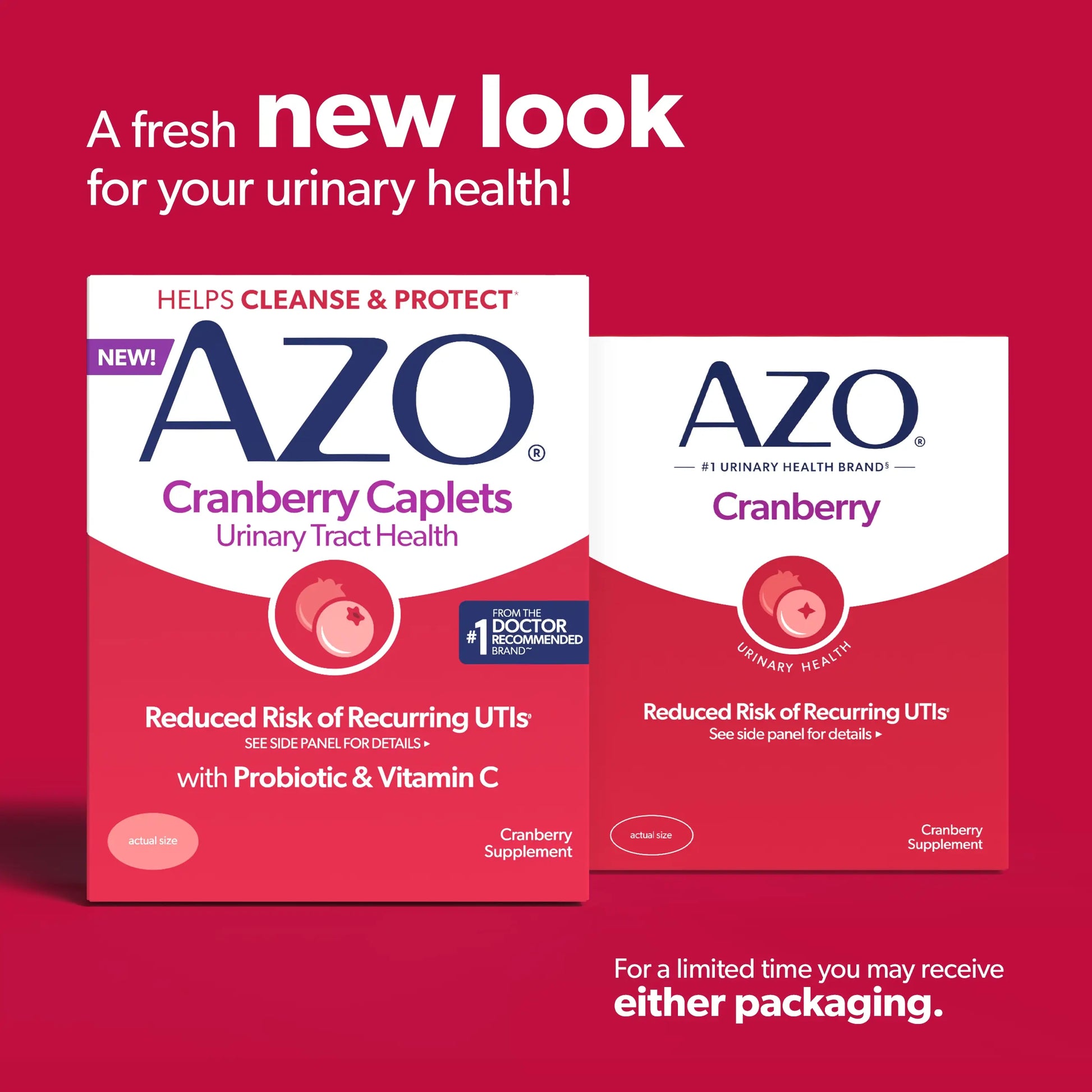 AZO Cranberry Caplets packaging on a red background with promotional text.