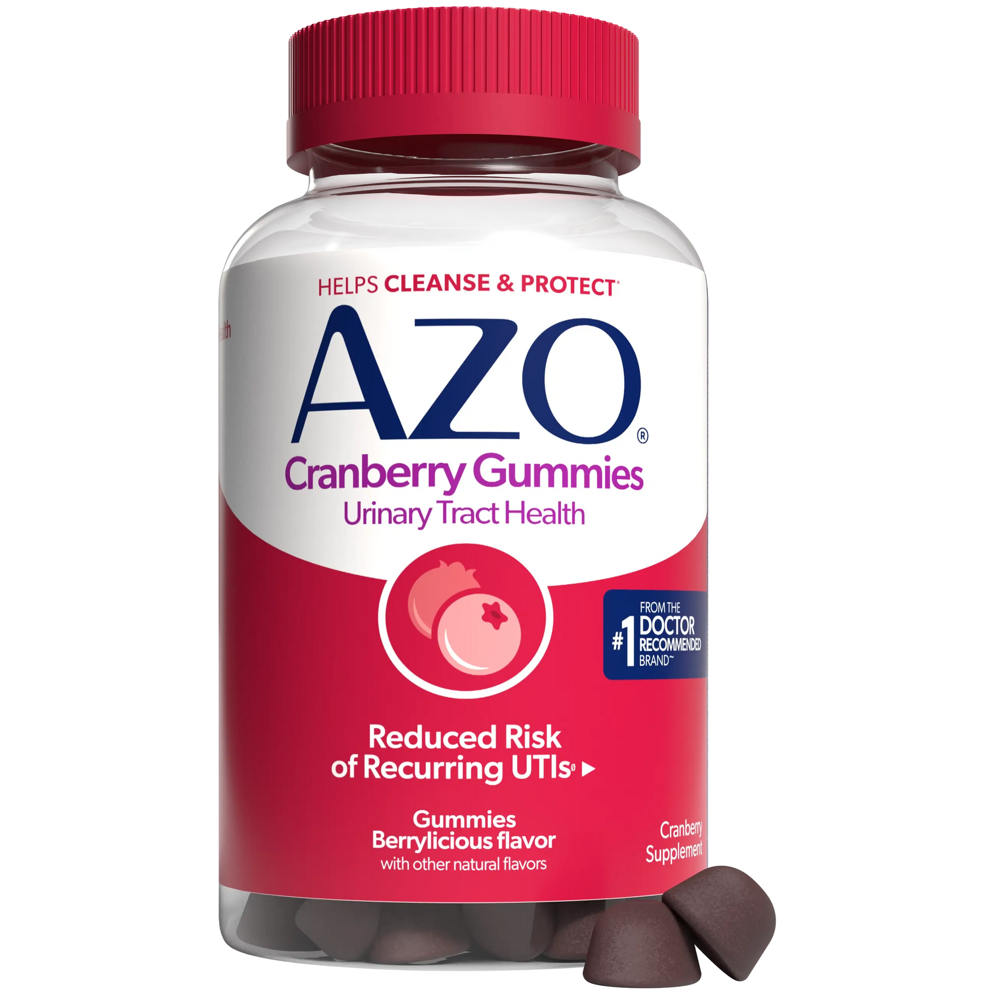 A bottle of Azo Cranberry Gummies with a red cap and a white and red label, shown on a plain white background with several dark brown gummies resting at the base.