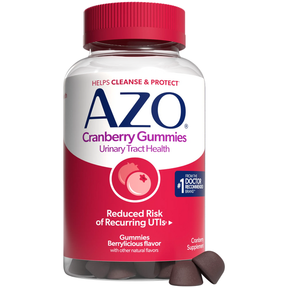 A bottle of Azo Cranberry Gummies with a red cap and a white and red label, shown on a plain white background with several dark brown gummies resting at the base.