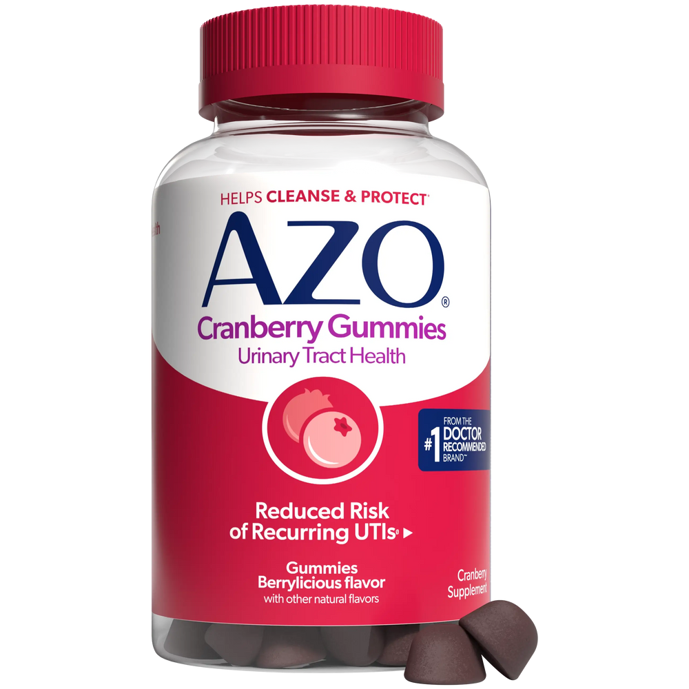 A bottle of Azo Cranberry Gummies with a red cap and a white and red label, shown on a plain white background with several dark brown gummies resting at the base.