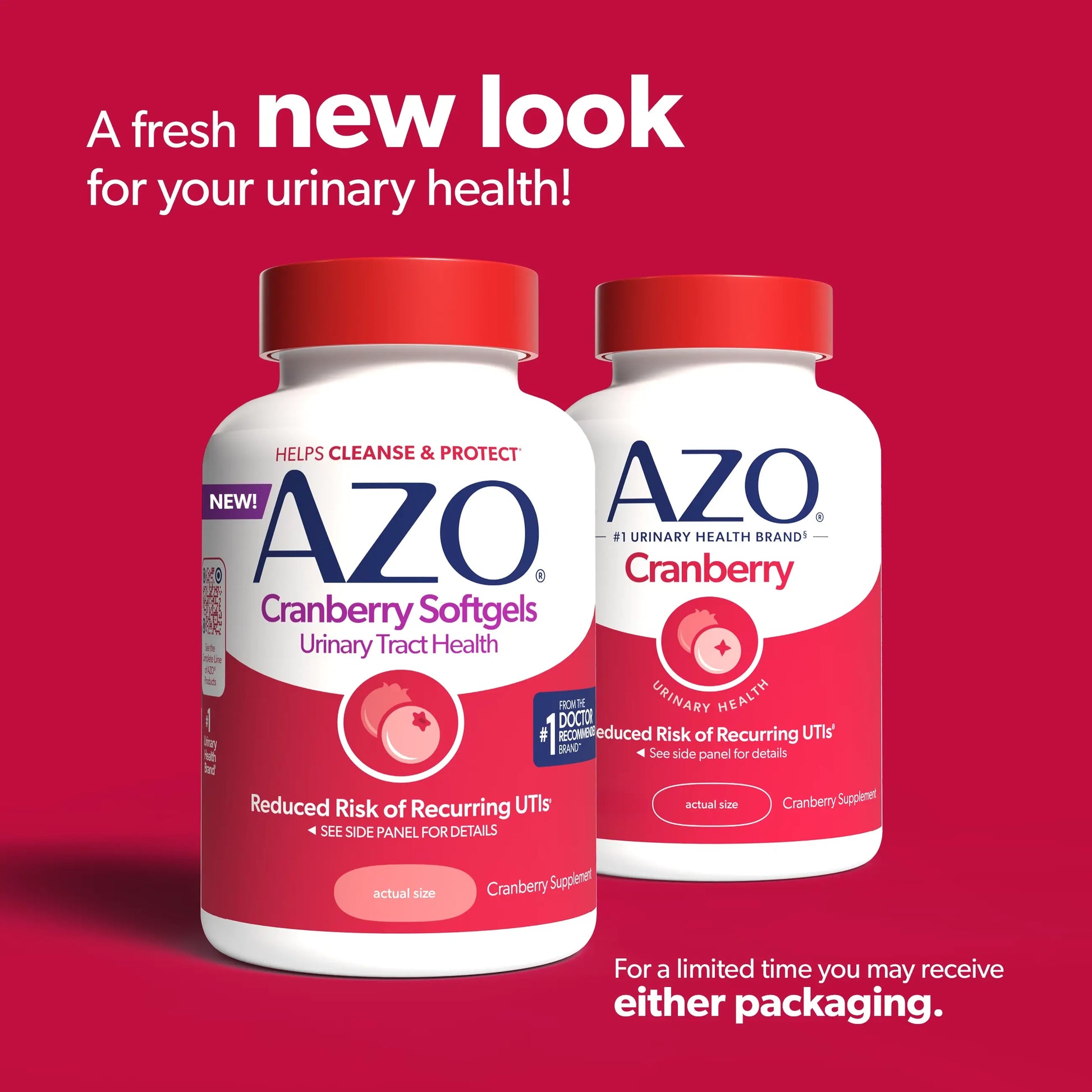 Two AZO Cranberry Softgels bottles on a red background with promotional text.
