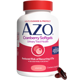 A bottle of Azo Cranberry Softgels with a red cap and white/red label, shown on a plain white background with two softgel capsules resting at the bottom right.