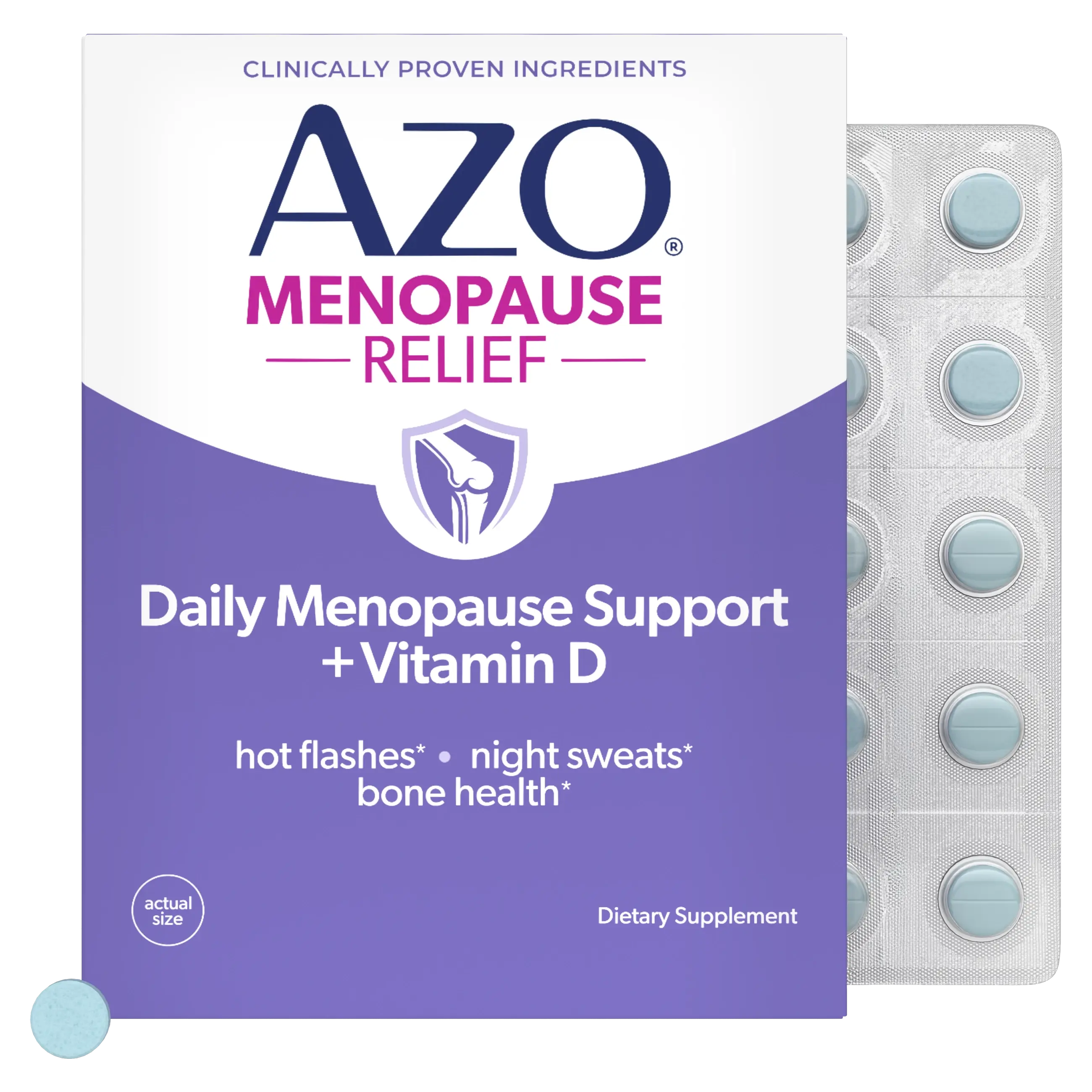 A box of Azo Menopause Relief dietary supplement with a purple and white label, shown next to a silver blister pack containing round light blue tablets.