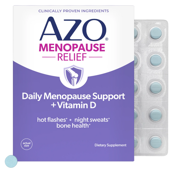 A box of Azo Menopause Relief dietary supplement with a purple and white label, shown next to a silver blister pack containing round light blue tablets.
