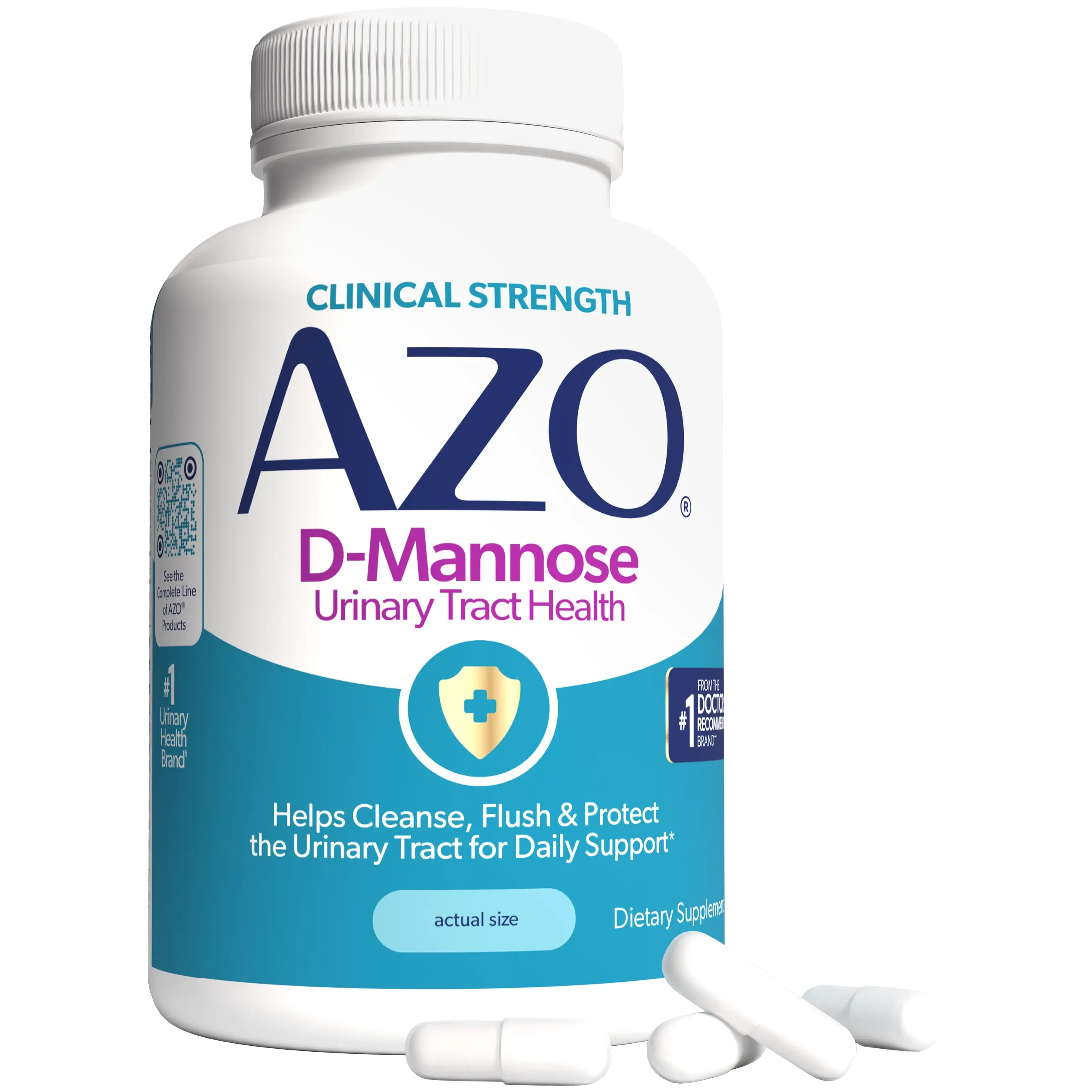 A white bottle of AZO D-Mannose dietary supplement with a blue and white label, shown on a white background with three white capsules in front.