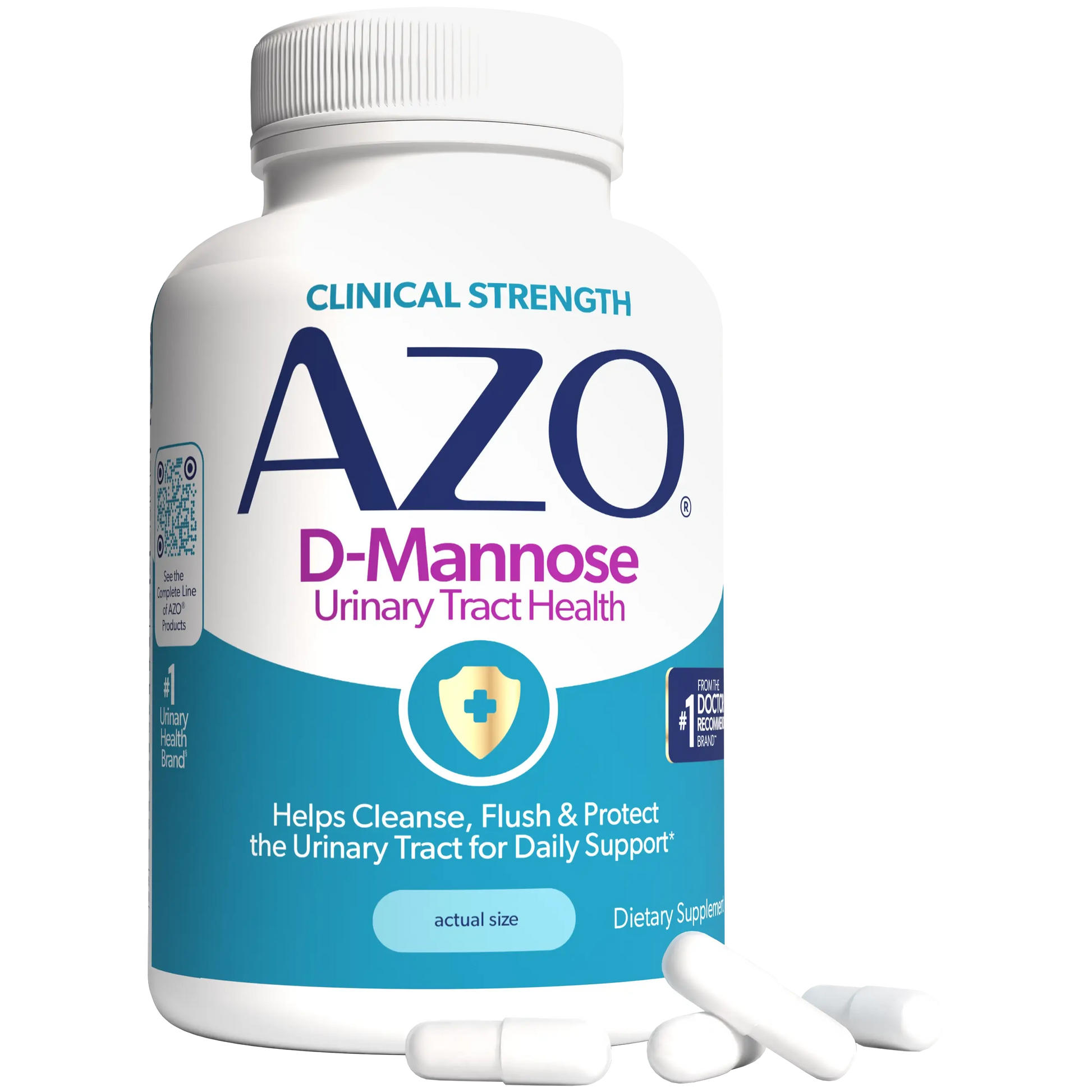 A white bottle of AZO D-Mannose dietary supplement with a blue and white label, shown on a white background with three white capsules in front.