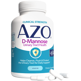 A white bottle of AZO D-Mannose dietary supplement with a blue and white label, shown on a white background with three white capsules in front.