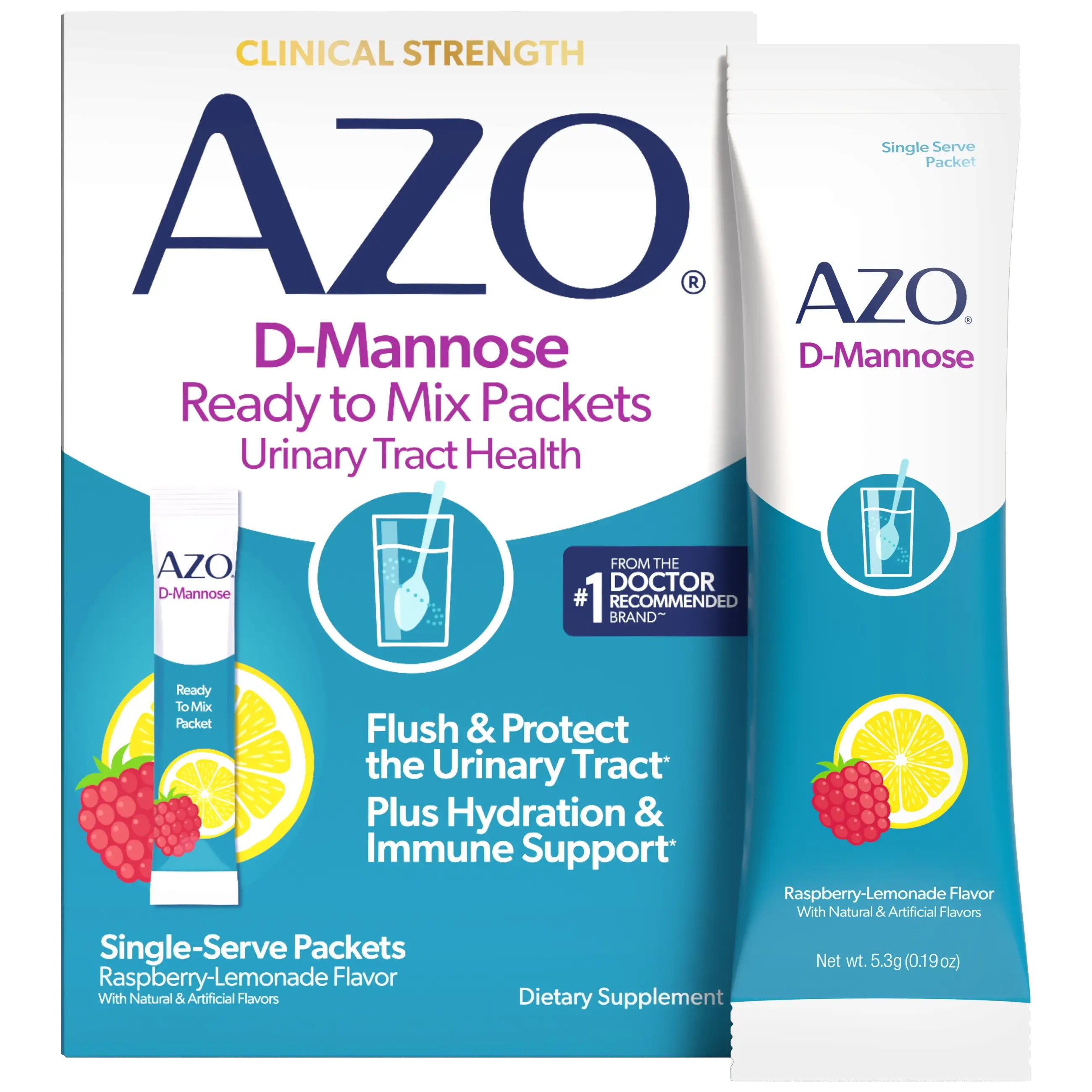 AZO D-Mannose dietary supplement packaging showing a large retail box and a single-serve packet in Raspberry-Lemonade flavor on a white background.