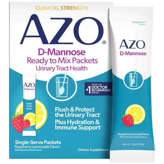 AZO D-Mannose dietary supplement packaging showing a large retail box and a single-serve packet in Raspberry-Lemonade flavor on a white background.