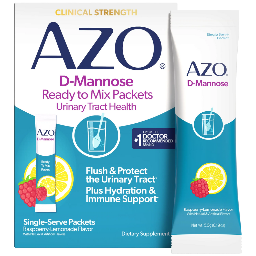 AZO D-Mannose dietary supplement packaging showing a large retail box and a single-serve packet in Raspberry-Lemonade flavor on a white background.