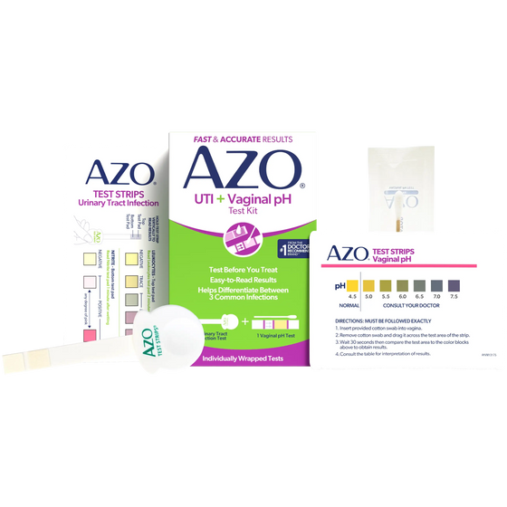 AZO UTI + Vaginal pH Test Kit shown on a white background, including a box, test strips, a pH chart, and a sample cup.