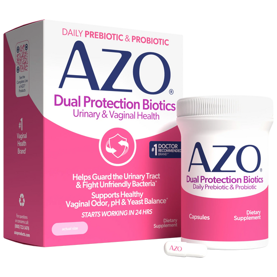 AZO Dual Protection Biotics dietary supplement shown with its retail box, a white bottle with a pink label, and two capsules on a clean white background.