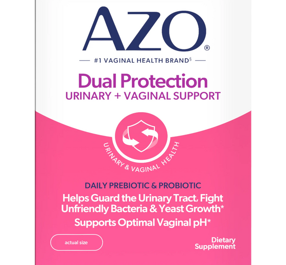 AZO Dual Protection supplement packaging with pink and white design