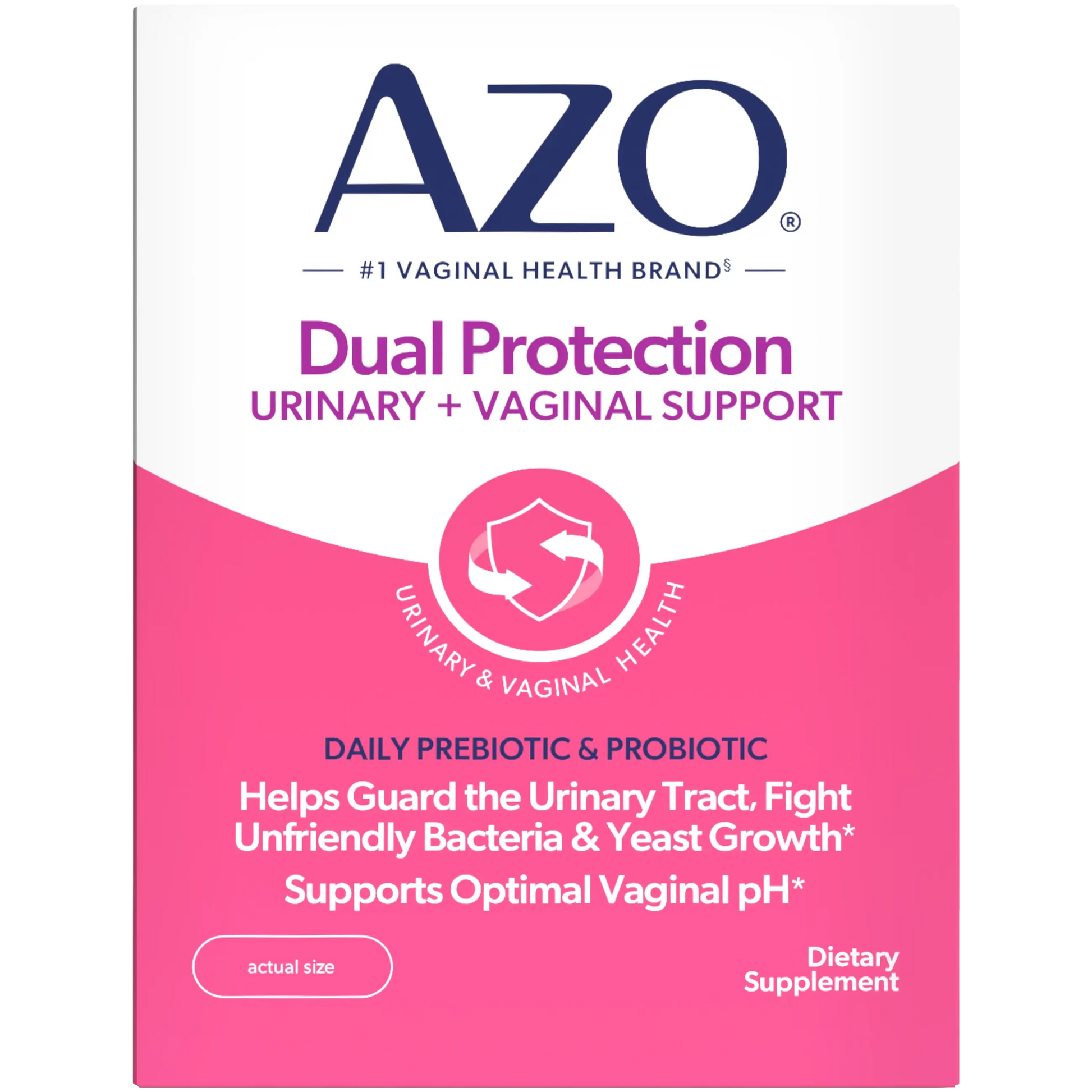 AZO Dual Protection supplement packaging with pink and white design