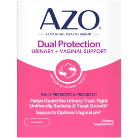 AZO Dual Protection supplement packaging with pink and white design