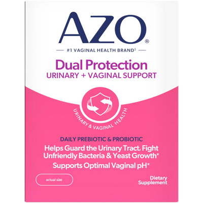 AZO Dual Protection supplement packaging with pink and white design