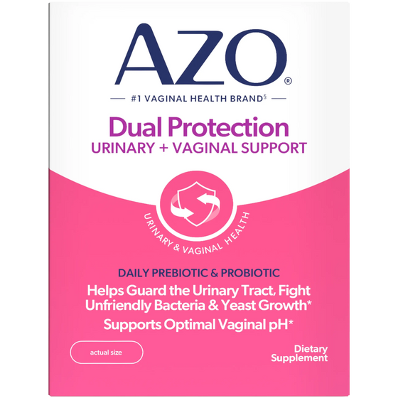 AZO Dual Protection supplement packaging with pink and white design
