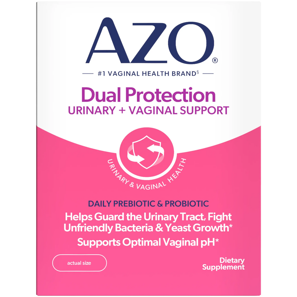 AZO Dual Protection supplement packaging with pink and white design