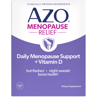 AZO Menopause Relief supplement package on a white background
