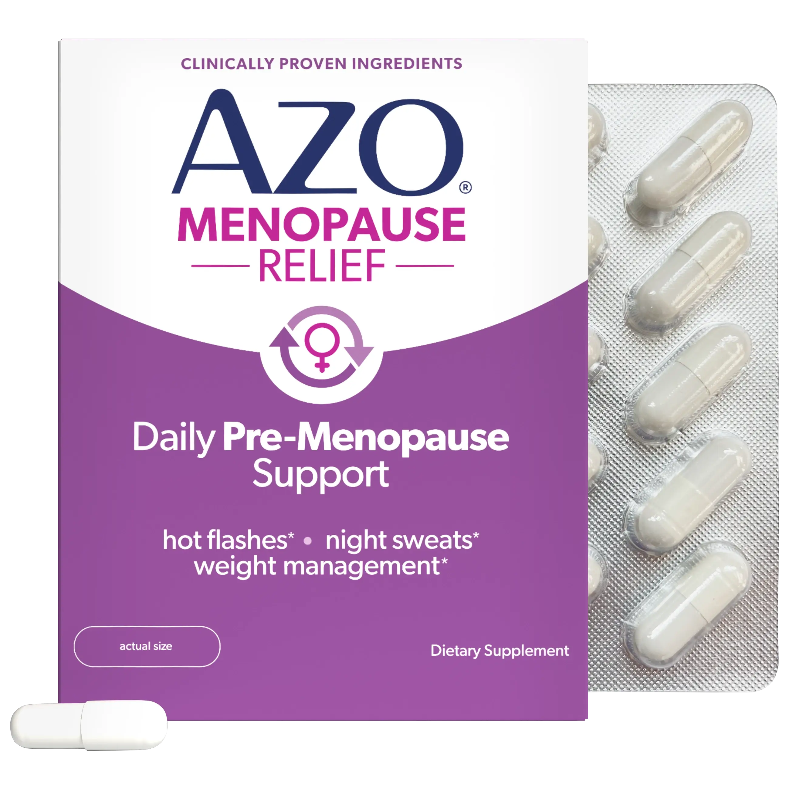 A box of AZO Menopause Relief dietary supplement next to a blister pack of white capsules, with one capsule shown in front on a white background.