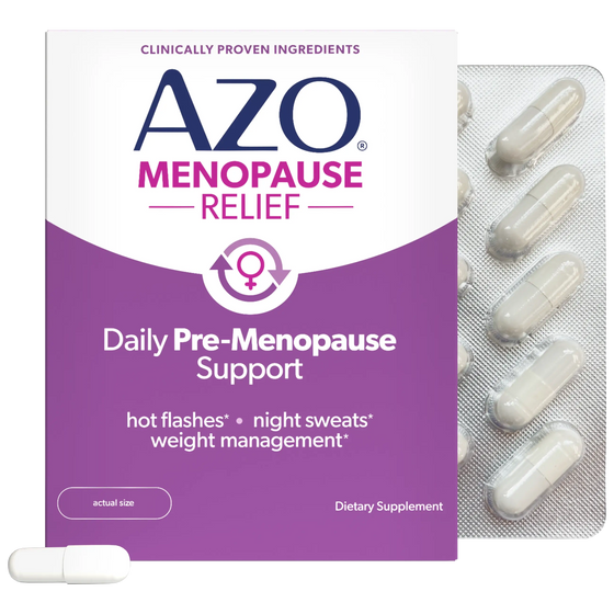 A box of AZO Menopause Relief dietary supplement next to a blister pack of white capsules, with one capsule shown in front on a white background.
