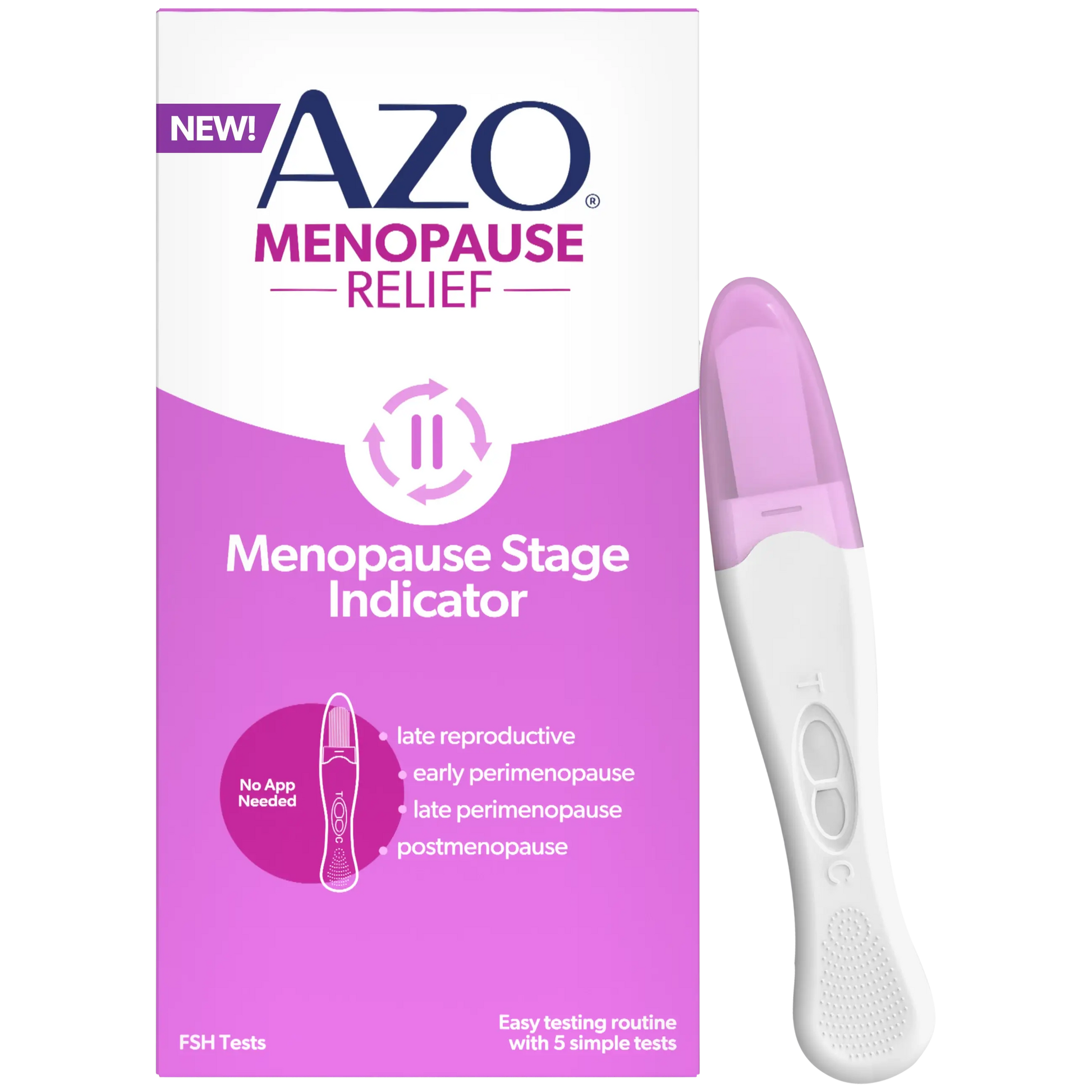 Azo Menopause Relief Menopause Stage Indicator kit, showing the product box on the left and the pink-and-white test device on the right against a white background.