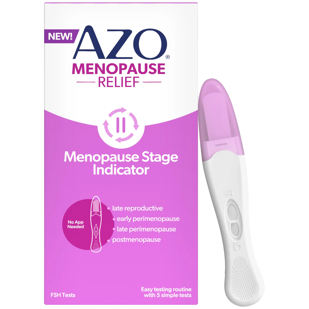 Azo Menopause Relief Menopause Stage Indicator kit, showing the product box on the left and the pink-and-white test device on the right against a white background.