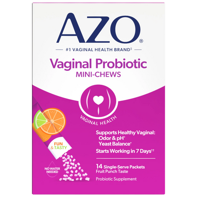Box of AZO Vaginal Probiotic Mini-Chews on a white background