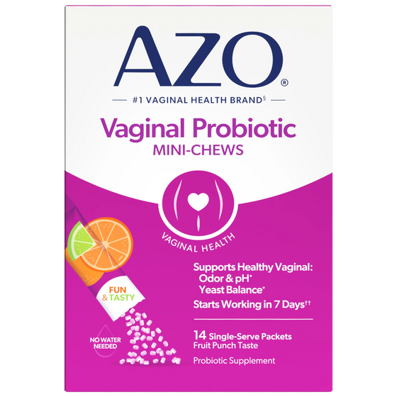 Box of AZO Vaginal Probiotic Mini-Chews on a white background