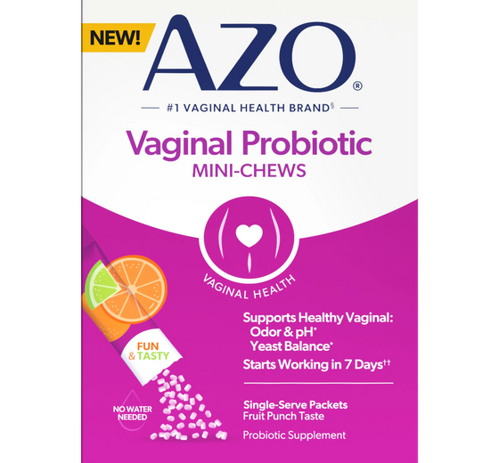 Box of AZO Vaginal Probiotic Mini-Chews on a white background