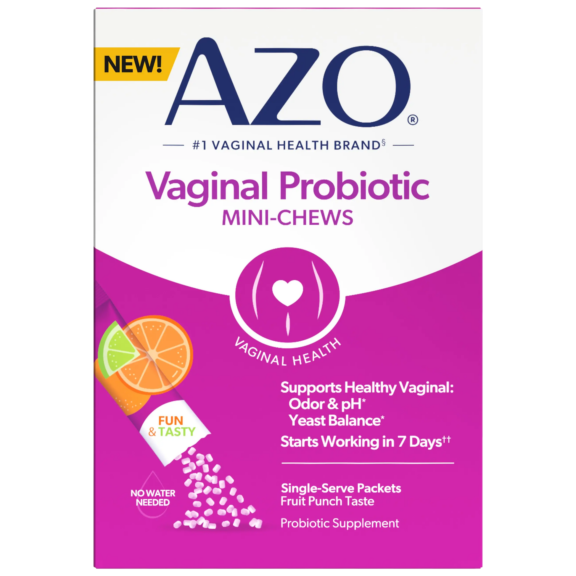 Box of AZO Vaginal Probiotic Mini-Chews on a white background