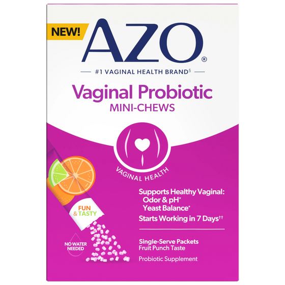 Box of AZO Vaginal Probiotic Mini-Chews on a white background
