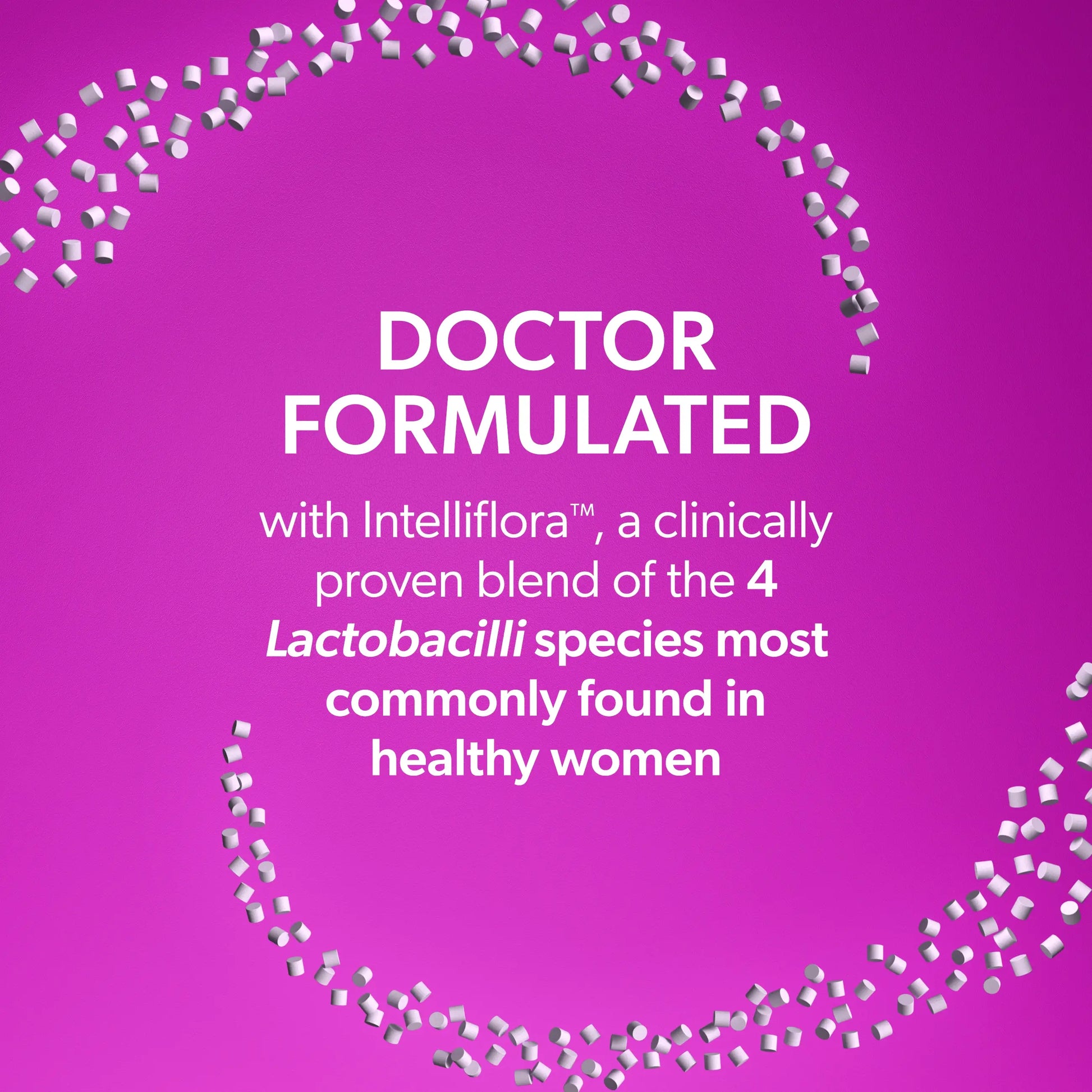 Text on a pink background about a clinically proven blend of Lactobacilli species, with decorative elements.