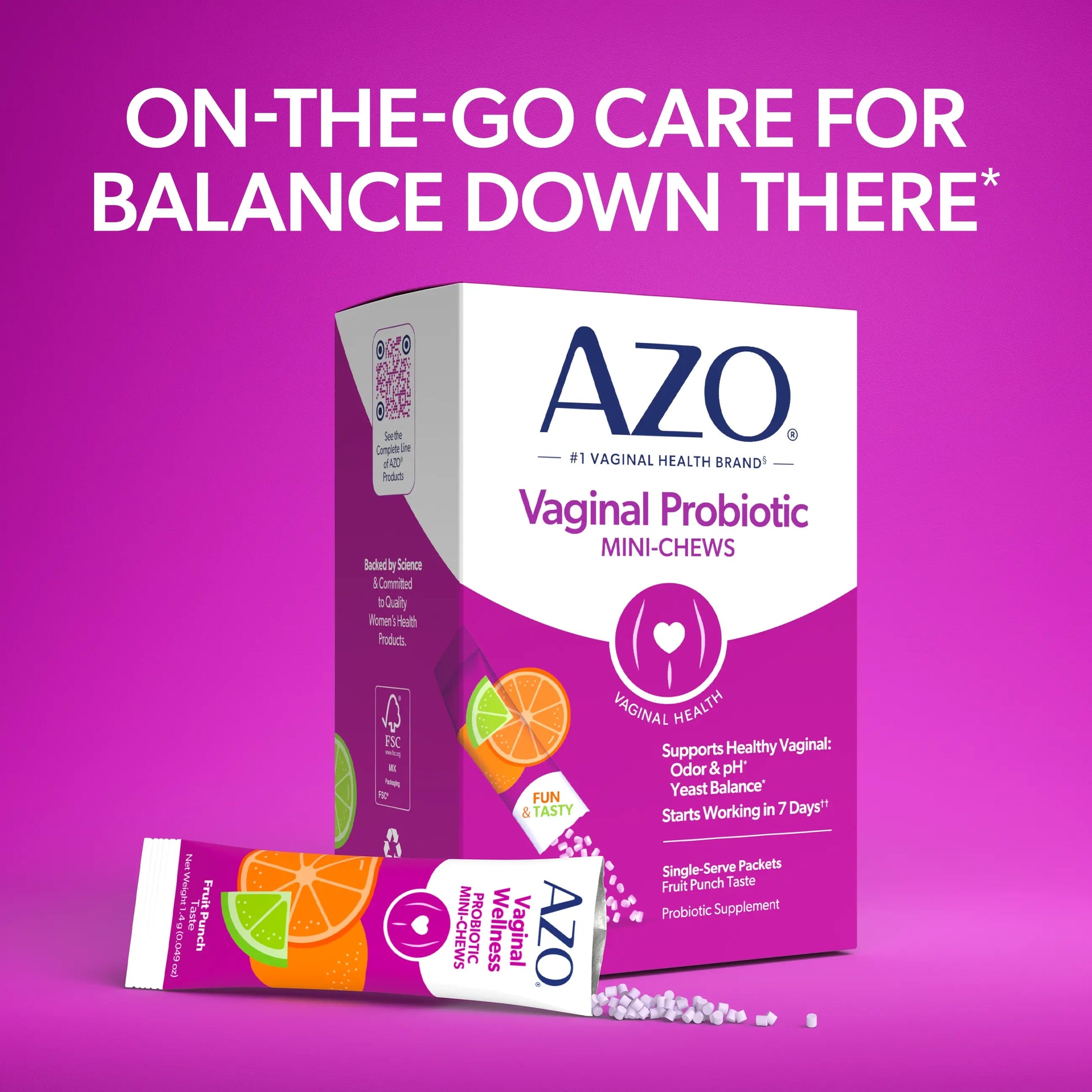 AZO Vaginal Probiotic Mini-Chews packaging on a purple background