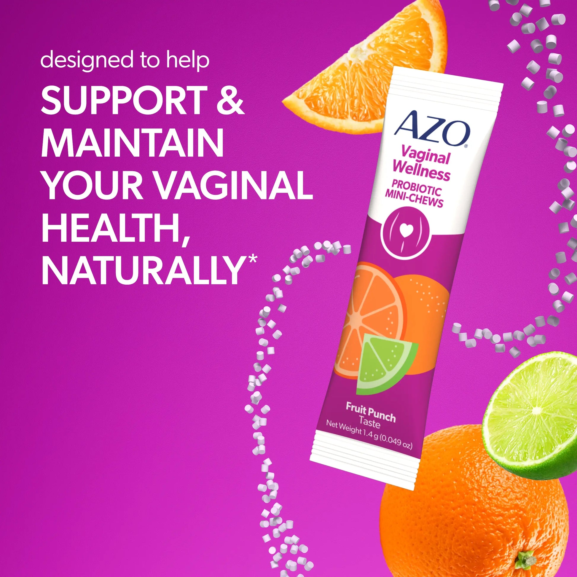 AZO Vaginal Wellness Probiotic Mini-Chews packaging with fruits on a purple background