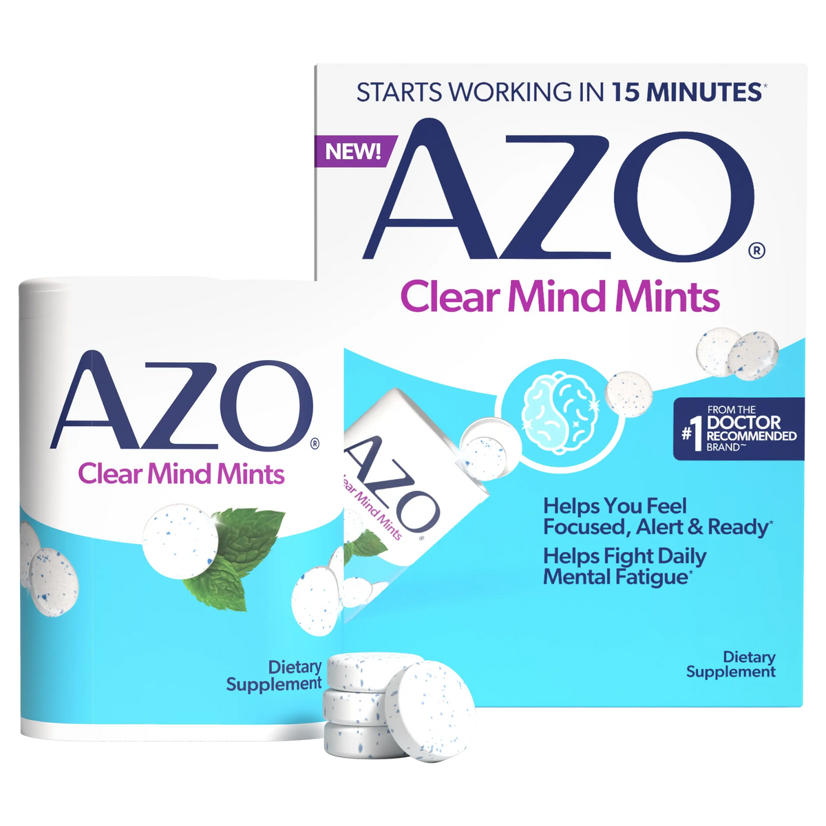AZO Clear Mind Mints dietary supplement packaging, showing a white and blue cylindrical box, a white and blue retail box, and several white round mints with blue speckles in the foreground.